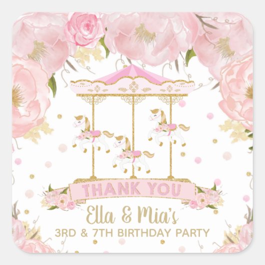 ピンクフローラ金ゴールドメリー回転木馬ゴーラウンド誕生日 スクエアシール (正面)