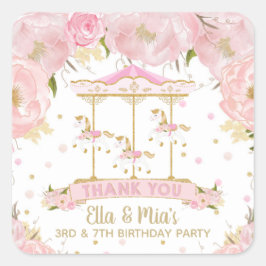 ピンクフローラ金ゴールドメリー回転木馬ゴーラウンド誕生日 スクエアシール