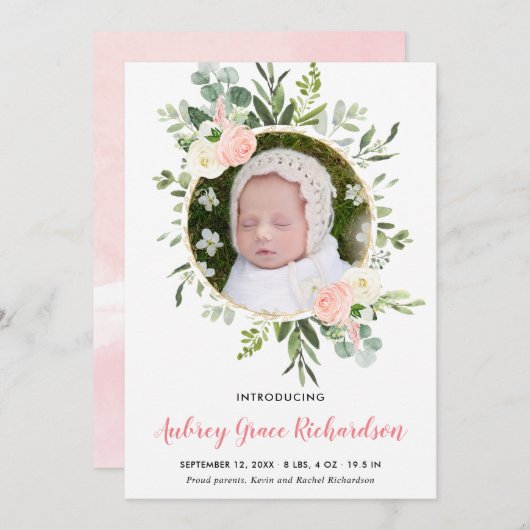 ピンクフローラ金ゴールドユーカリ赤ちゃん女の子の発表 (正面/裏面)