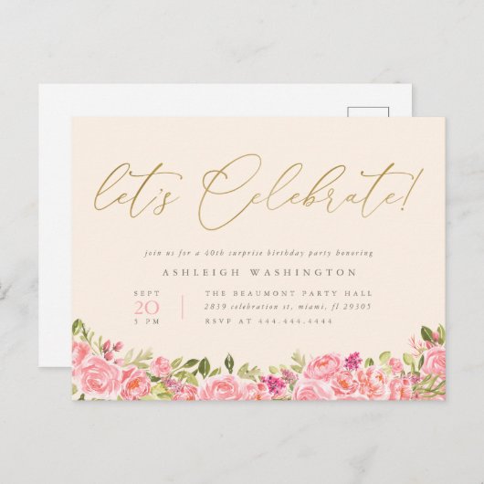 ピンクフローラ金ゴールドレッツサプライズ誕生日 インビテーションポストカード (正面/裏面)