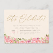 ピンクフローラ金ゴールドレッツサプライズ誕生日 インビテーションポストカード (正面)