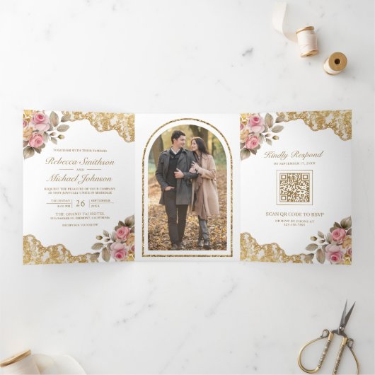 ピンクフローラ金ゴールドレースQRコードフォト結婚ズ 三つ折り招待状 (内部)