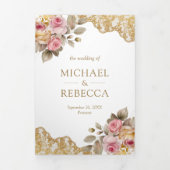 ピンクフローラ金ゴールドレースQRコードフォト結婚ズ 三つ折り招待状 (カバー)