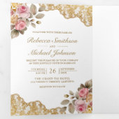 ピンクフローラ金ゴールドレースQRコードフォト結婚ズ 三つ折り招待状 (内部最初)