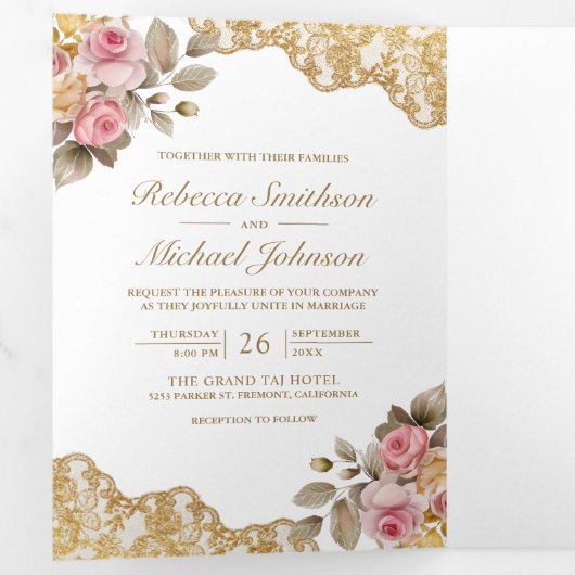 ピンクフローラ金ゴールドレースQRコードフォト結婚ズ 三つ折り招待状 (内部最初)