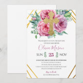 ピンクフローラ金ゴールド洗礼招待状 招待状 (正面/裏面)