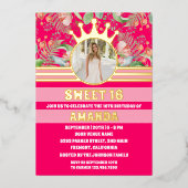 ピンクフローラ金ゴールド王女スウィート16写真 箔招待状 (正面)