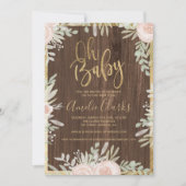 ピンクフローラ金ゴールド縁ど田舎の木のベビーシャワー 招待状 (正面)