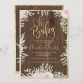 ピンクフローラ金ゴールド縁ど田舎の木のベビーシャワー 招待状 (正面/裏面)