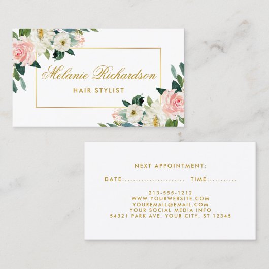 ピンクフローラ金ゴールド美容師アポイントメントカード 予約カード (正面/裏面)