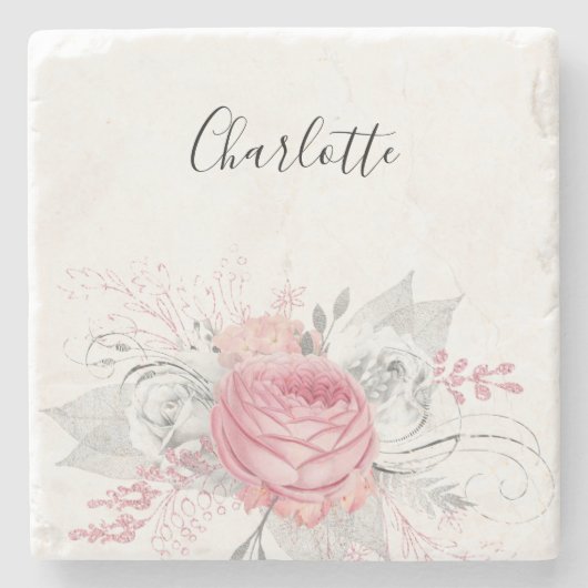 ピンクフローラ銀葉の白エレガント名 ストーンコースター (正面)