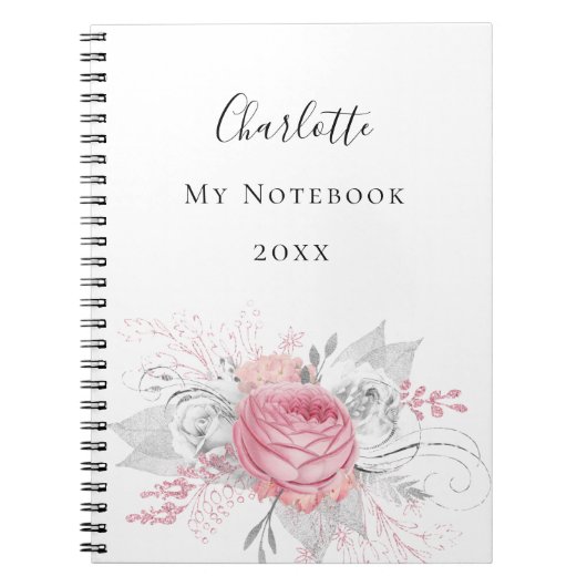 ピンクフローラ銀葉の白エレガント名 ノートブック (正面)