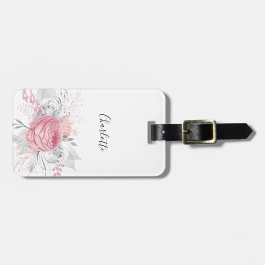 ピンクフローラ銀葉の白エレガント名 ラゲッジタグ (正面横)