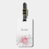 ピンクフローラ銀葉の白エレガント名 ラゲッジタグ (正面縦)