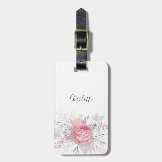 ピンクフローラ銀葉の白エレガント名 ラゲッジタグ (正面縦)