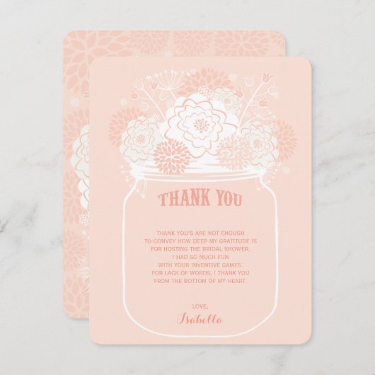 ピンクフローラ開花ス結婚メイソンJAR'S Thank You 招待状 (正面/裏面)