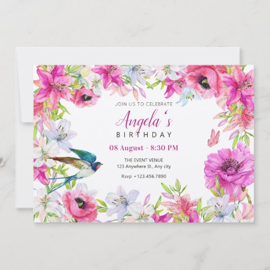 ピンクフローラ開花芸術的誕生日 招待状 (正面)