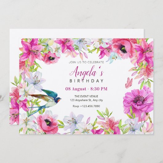 ピンクフローラ開花芸術的誕生日 招待状 (正面/裏面)