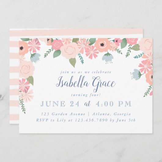 ピンクフローラ開花誕生日パーティー 招待状 (正面/裏面)