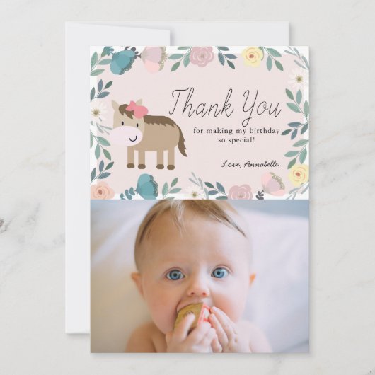 ピンクフローラ馬誕生日写真サンキューカード 招待状 (正面)