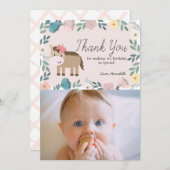 ピンクフローラ馬誕生日写真サンキューカード 招待状 (正面/裏面)