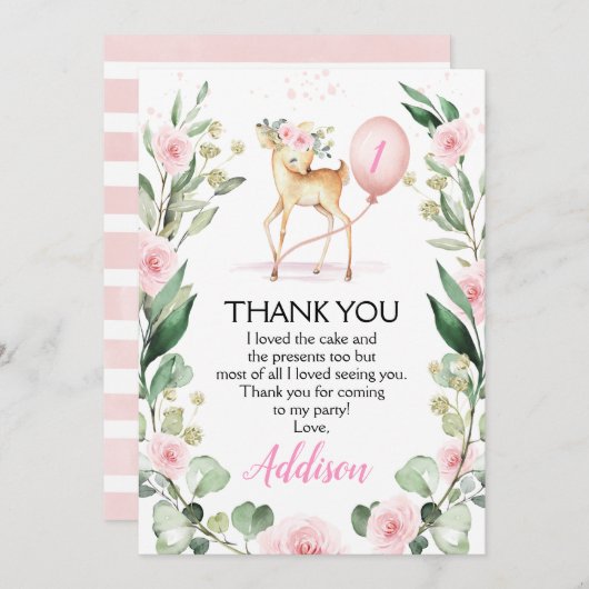 ピンクフローラ鹿誕生日サンキューカード 招待状 (正面/裏面)