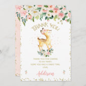 ピンクフローラ鹿誕生日サンキューカード 招待状 (正面/裏面)