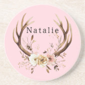 ピンクフローラ鹿〔雄ジカの〕枝角 パーソナライズされた コースター (正面)
