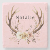 ピンクフローラ鹿〔雄ジカの〕枝角 パーソナライズされた ストーンコースター (正面)