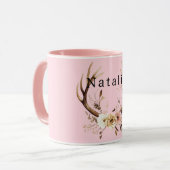 ピンクフローラ鹿〔雄ジカの〕枝角 パーソナライズされた マグカップ (正面左)