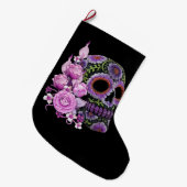 ピンクフローラ黒糖スカルの日の死 ラージクリスマスストッキング (正面 (吊り時))