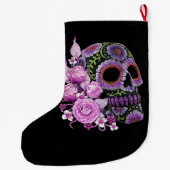 ピンクフローラ黒糖スカルの日の死 ラージクリスマスストッキング (裏面)