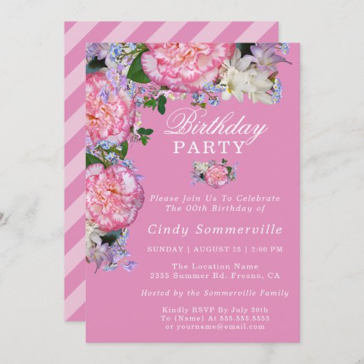 ピンクフローラ00th誕生日パーティー 招待状 (正面/裏面)
