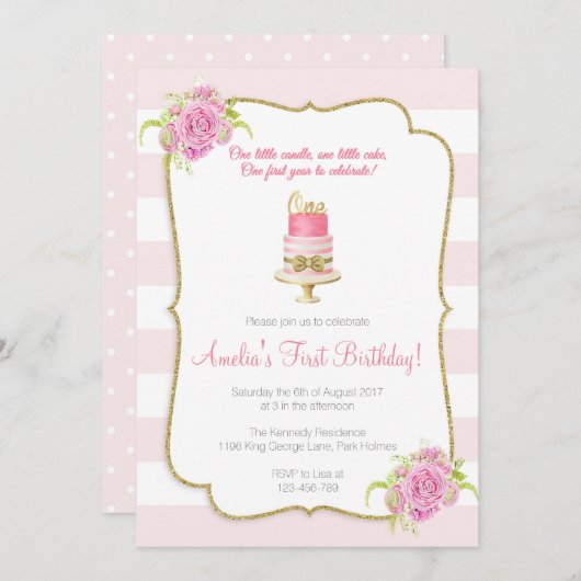 ピンクフローラ1日目の誕生日初招待状 招待状 (正面/裏面)