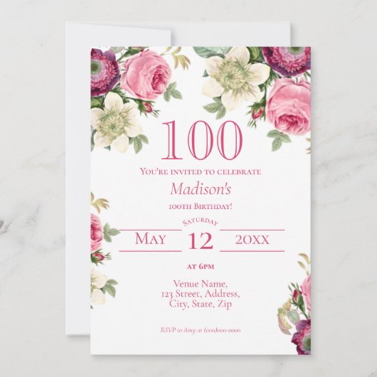 ピンクフローラ100番目の誕生日招待状 招待状 (正面)