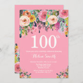ピンクフローラ100番目の誕生日招待状 招待状 (正面/裏面)