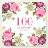 ピンクフローラ100誕生日 スクエアペーパーコースター (正面)