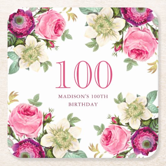 ピンクフローラ100誕生日 スクエアペーパーコースター (正面)