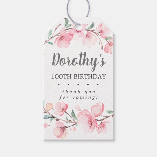 ピンクフローラ100th誕生日ありがとうメッセージカード ギフトタグ (正面)