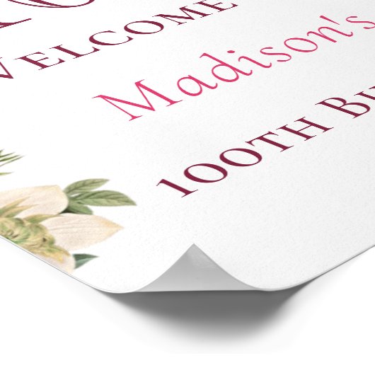 ピンクフローラ100th誕生日ウェルカムサイン ポスター (角)