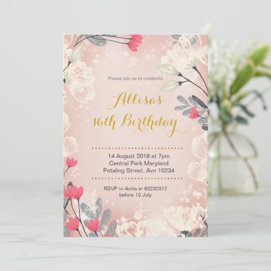 ピンクフローラ16番目の誕生日招待状(任意の年齢) 招待状 (スタンド正面)