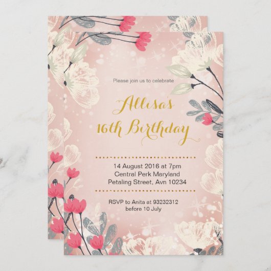ピンクフローラ16番目の誕生日招待状(任意の年齢) 招待状 (正面/裏面)