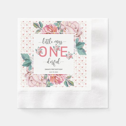 ピンクフローラ1st誕生日紙コーディング 縁ありカクテルナプキン (正面)