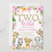 ピンクフローラ2ワイルドジャングルサファリ誕生日ガール 招待状 (正面)