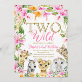 ピンクフローラ2ワイルドジャングルサファリ誕生日ガール 招待状 (正面/裏面)