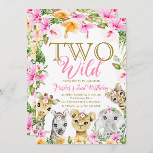 ピンクフローラ2ワイルドジャングルサファリ誕生日ガール 招待状 (正面/裏面)