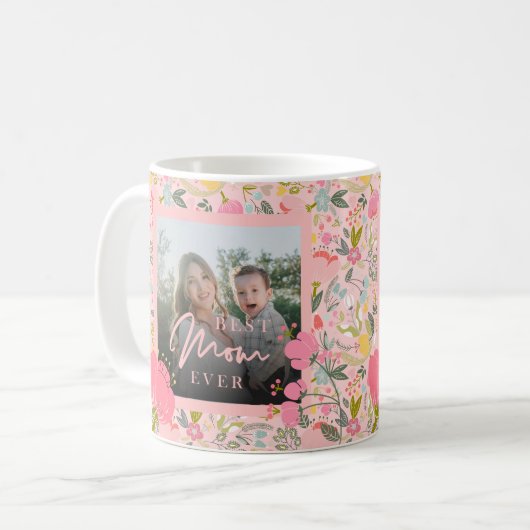 ピンクフローラ2枚パーソナライズされたフォトマザーズかわいい コーヒーマグカップ (正面左)
