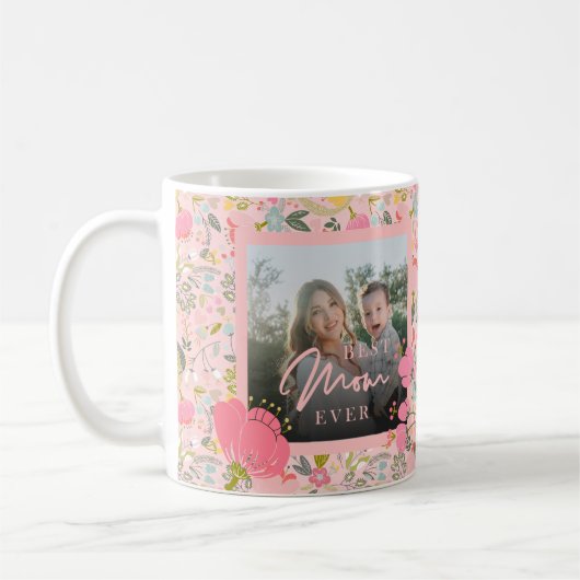 ピンクフローラ2枚パーソナライズされたフォトマザーズかわいい コーヒーマグカップ (左)