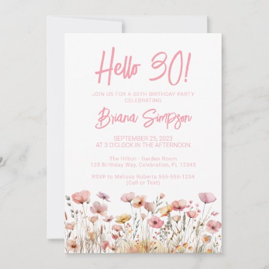 ピンクフローラ30歳の誕生日パーティー 招待状 (正面)
