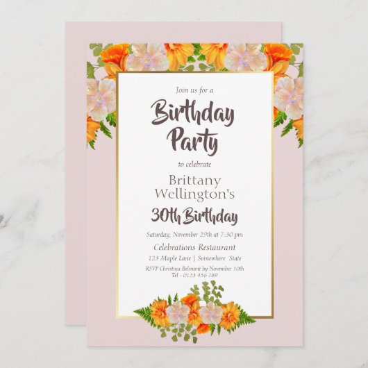 ピンクフローラ30歳の誕生日パーティー 招待状 (正面/裏面)